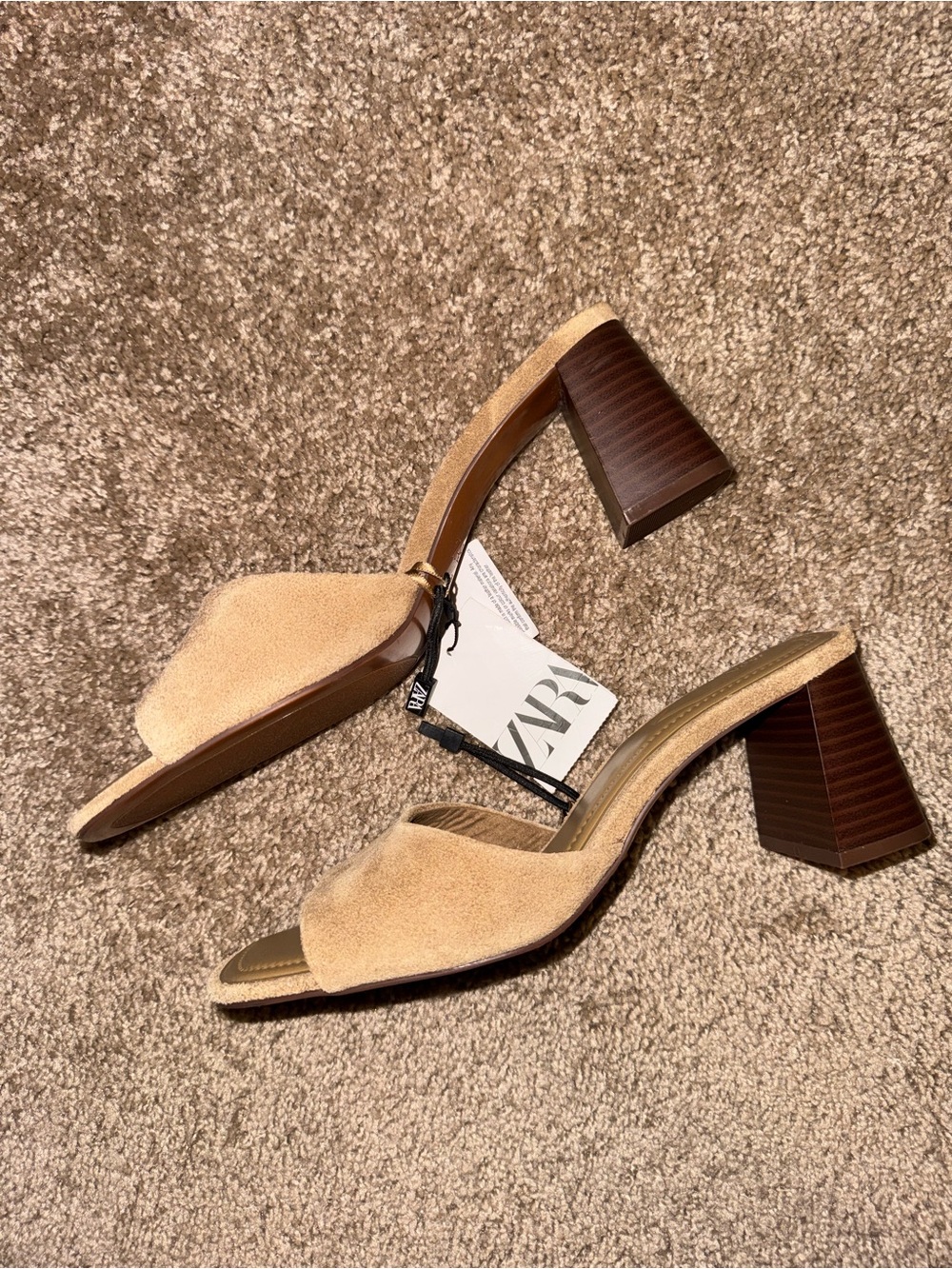 Zara Suede Block Heel Slide Sandals in Beige Size 8